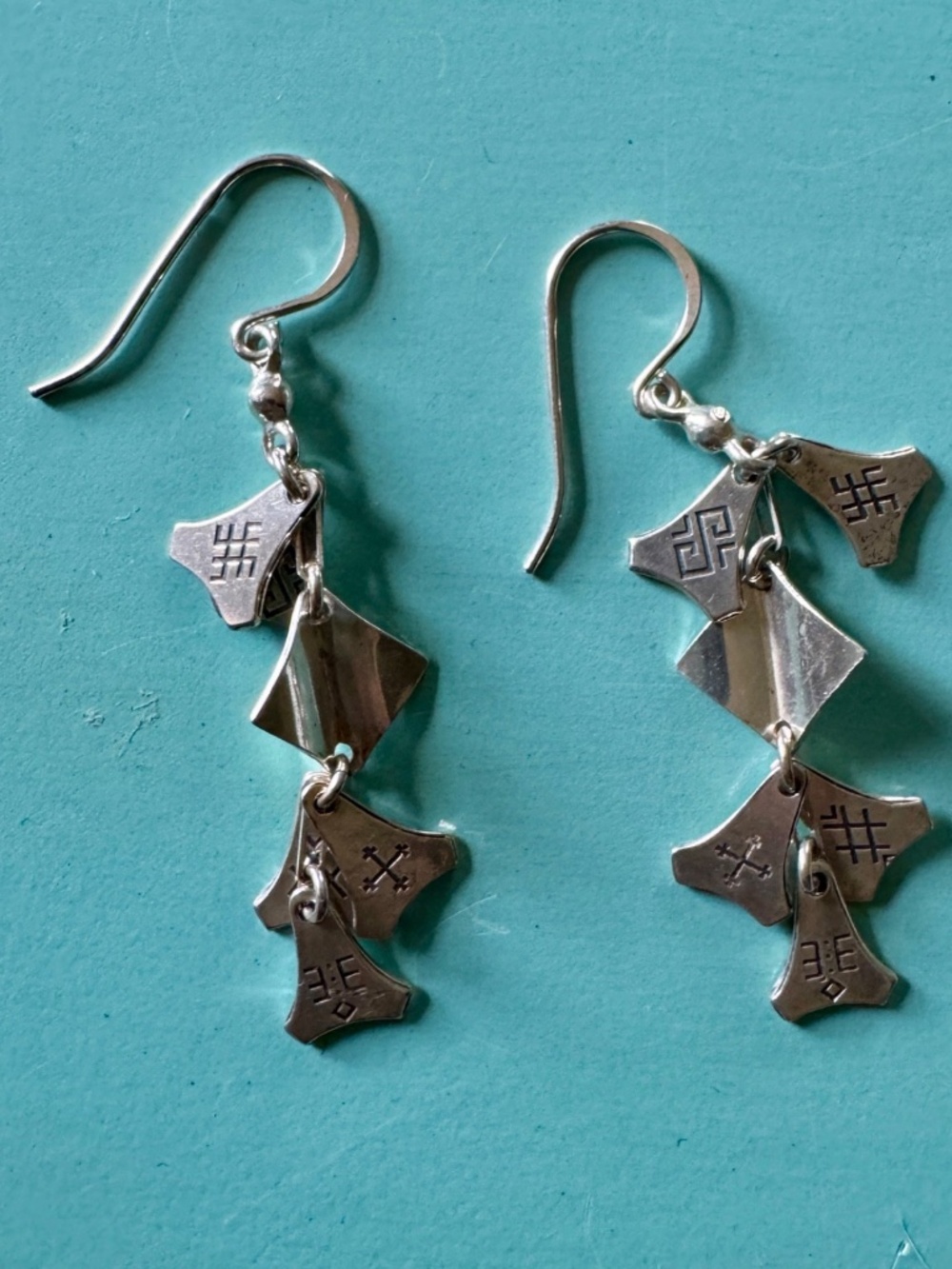 Latvian Five-Charm Dangle Earrings Handcrafted Sterling Silver, 2"
